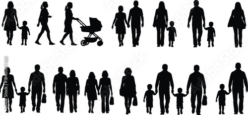Extensive Vector Silhouette Collection of Diverse Families Walking and Holding Hands, Featuring Parents, Children, and a Stroller, Representing Togetherness, Parenting, and Happy Lifestyle on a 