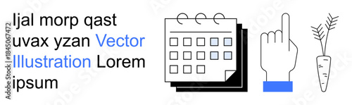 Organization, scheduling, communication, meal planning, modern design, nutrition. Calendar, hand pointing gesture and carrot. Scheduling and communication visual concept