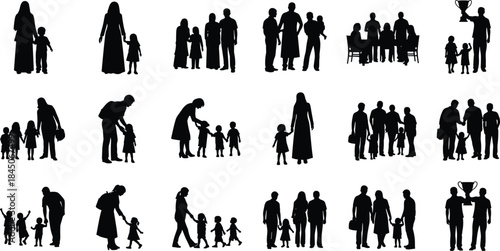 Family silhouettes mothers fathers children bonding togetherness love and care black and white vector illustrations diverse group people standing walking hugging holding hands award winning concepts.