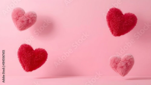 Soft Pink Plush Hearts Floating on Pastel Background Romantic Love Concept