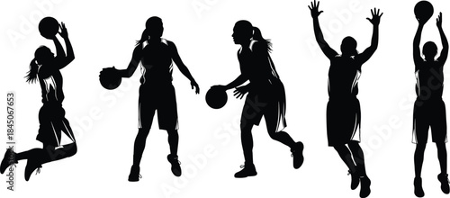 Dynamic Silhouettes of Female Basketball Players in Action: Capturing the Power, Agility, and Intensity of Women's Team Sports, Shooting, Dribbling, and Jumping.