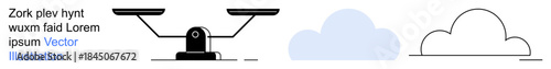 Justice, decision making, equality, comparison, law concepts, weight measurements. Balance scale with two platforms, minimalist cloud shapes. Justice and decision making concept in a modern style