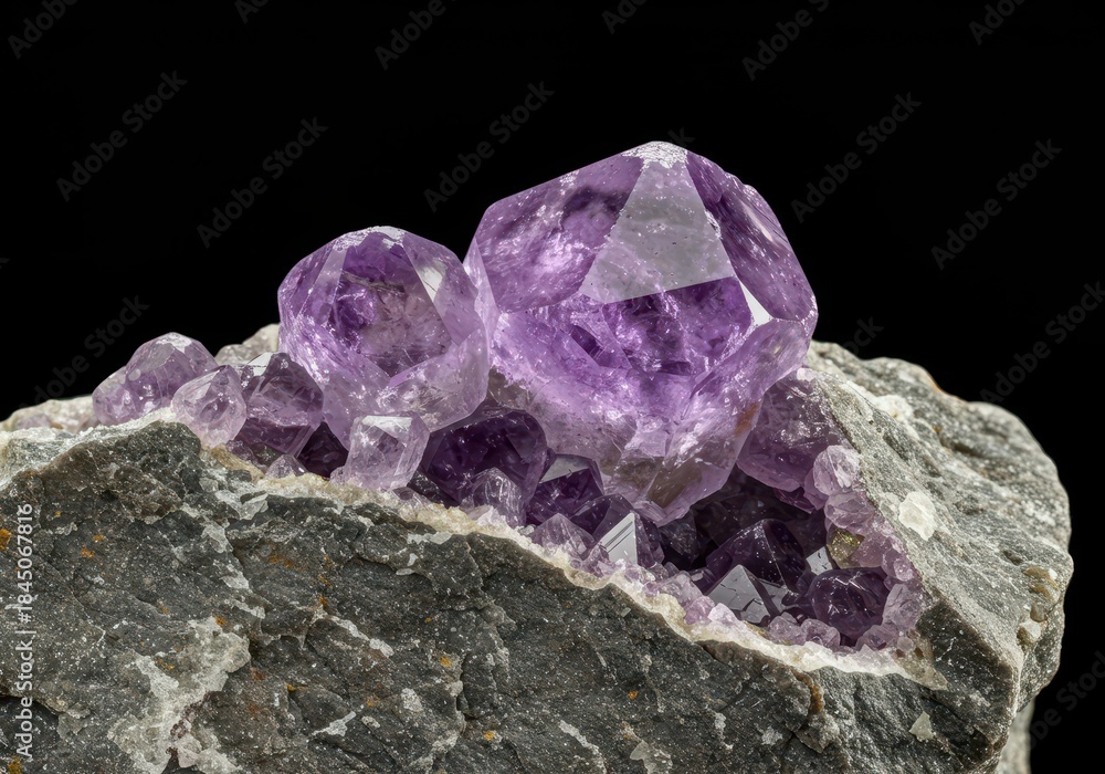 Fototapeta premium Macro shot of brilliant purple gemstone crystals emerging from the rough gray matrix rock, highlighting natural mineral formation and earth structure ,excavation ,mining ,crystallography