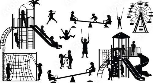 Kids playing on playground equipment, silhouette illustration set children climbing, sliding, swinging, jumping, and riding a Ferris wheel, engaging in joyful outdoor summer activities, isolated