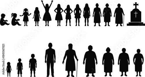 Human Life Cycle and Aging Process Silhouette Vector Illustration: Growth Stages for Male and Female from Baby, Child, Teenager, Adult, Senior, to Symbolic Death Gravestone, Generational Concept.