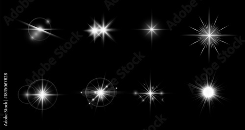 Glow light effect set, lens flare, explosion, glitter, line, sun flash, spark and star. Glowing light bursts with sparkles. lighting flare and white stars.