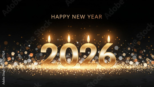 Golden 2026 numbers with glowing candles and sparkling glitter happy new year celebration concept festive background