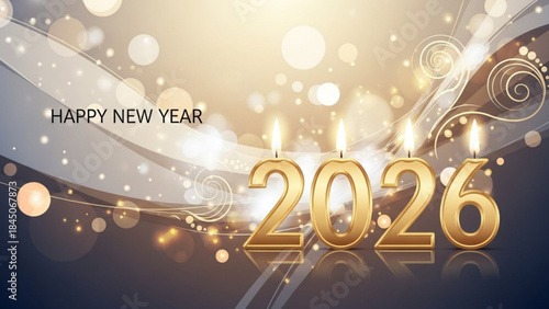 Golden 2026 numbers with lit candles sparkling bokeh lights and elegant swirls a festive background for New Year celebrations