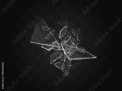 Shards of broken glass. Abstract explosion. Realistic vector background.