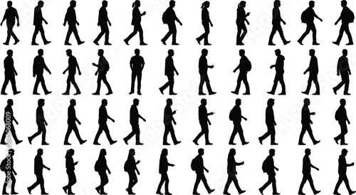 Large set of diverse people walking silhouettes in various poses and actions, vector illustration collection for business, city life, and crowd motion graphics projects.