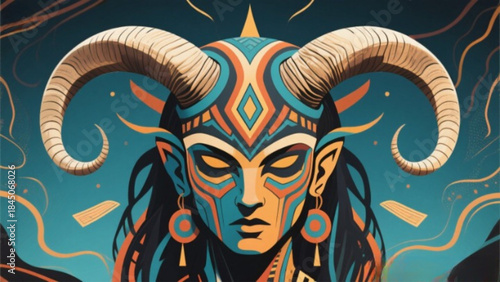 An ancient Chinese dragon vector illustration blending a tribal lion face with a fantasy Greek god sculpture and traditional Asian tattoo patterns