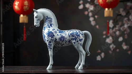 Blue and White Porcelain Horse Figurine for Chinese New Year Celebration