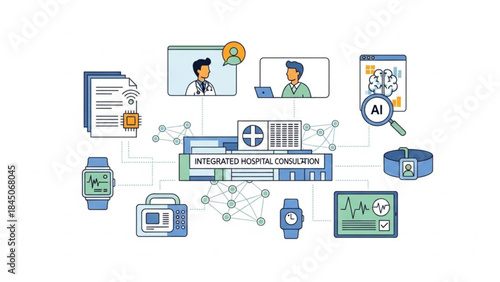Integrated hospital connection concept digital health technology with AI telemedicine and wearable devices vector illustration