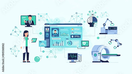 Digital healthcare technology AI in medicine patient data analysis and medical equipment illustration for healthcare innovation