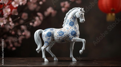 Blue and White Porcelain Horse Figurine for Chinese New Year Celebration