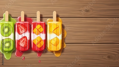 Colorful Melting Fruit Popsicles on a Rustic Wooden Background.