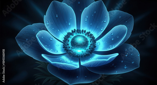 Stunning blue flower with water droplets, illuminated against a dark background, showcasing beauty