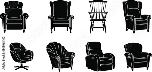 Set of diverse classic and modern armchair silhouettes, including wingback, recliner, swivel, and Windsor chair designs, showcasing various styles of comfortable home and office seating furniture 