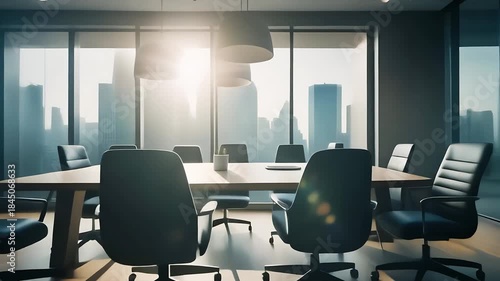 Modern conference room with city skyline view