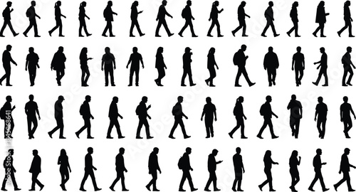 Silhouette Crowd Walking People Vector Set: Diverse Men and Women in Various Poses, Casual Attire, Urban Lifestyle, Black Figures Isolated for Graphic Design, Including Full-Body,