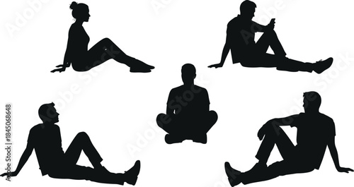 Silhouettes of diverse adults sitting relaxed on the ground, casually resting in various poses outdoors, illustrating leisure, rest, contemplation, connection, and human presence isolated