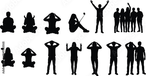 Silhouettes of Diverse Young Adults Posing in Different Positions, Expressing Joy, Frustration, Relaxation, and Group Togetherness, Isolated Vector Illustration for Social Media