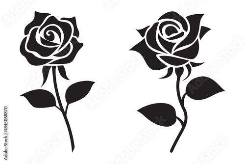 Decorative rose with leaves, Flower silhouette vector illustration, Elegant black rose, Valentine's day silhouette of rose element