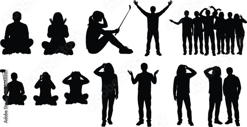 Silhouettes of people in various poses: meditating, cheering, taking a selfie, and expressing confusion or surprise, diverse group vector graphics showing relaxation, excitement,