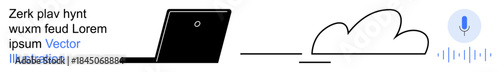 Cloud computing, voice recognition, wireless communication, data storage, technology, innovation. Minimalistic design showing a laptop connected to a cloud icon and a microphone. Cloud computing
