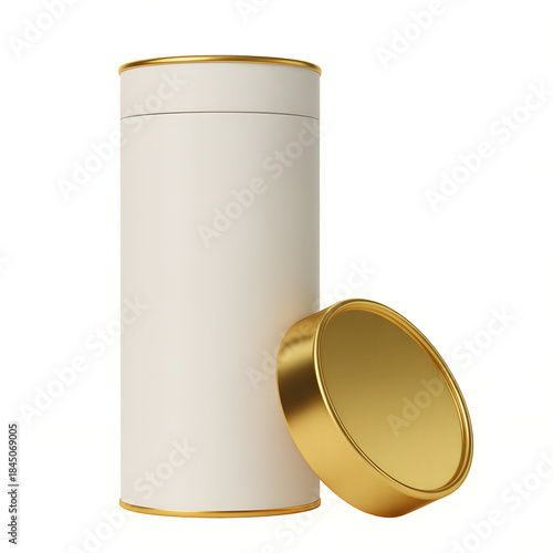 White cardboard tube container with golden lid