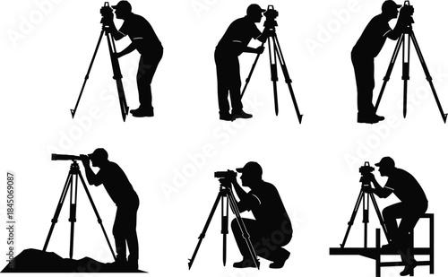 Surveyor Silhouettes Working Outdoors Measuring Land Topography with Theodolite Total Station Instrument on Tripods, Engineering and Construction Job Site Background Vector Illustration.