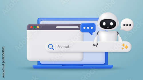 3D robot with a message bubble and a laptop. Talking bot with human. Generative bar and AI assistant. Artificial Intelligence. Chatbot technology and support assistance. Vector illustration.