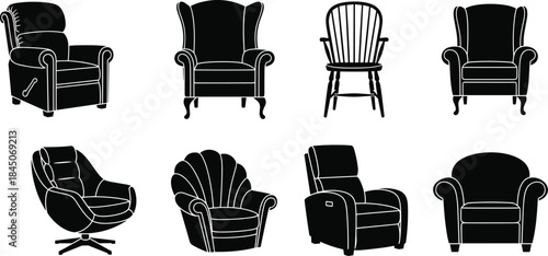 Title: Furniture Collection of Various Armchairs Silhouettes Isolated on White Background Vector Set Classic Vintage Modern Recliner Wingback Shell Barrel Windsor Chair Home Decor Seating Black Icons