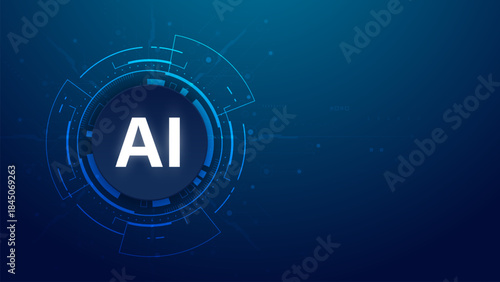 Concept of artificial intelligence. AI logo on HUD frame with circuit and electronic elements. Futuristic technology background. Big data and machine learning. Vector illustration.