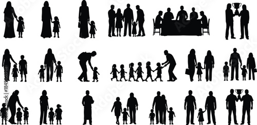 Vector Silhouettes of Diverse Families, Parents and Children, Business Professionals Meeting, and Success Achievers Holding Trophies Representing Community, Relationship, Education,