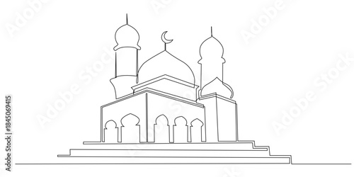Continuous line drawing mosque with dome. One line drawing of a minimalist mosque with minaret symbolizing faith, worship, spirituality, and Islamic culture.