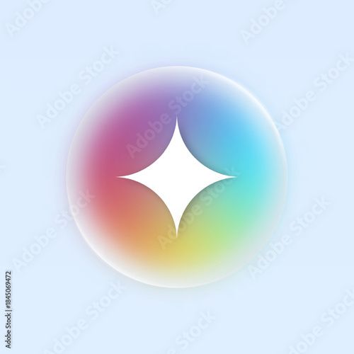 Generative AI button. Modern liquid glass interface buttons with light. Round shapes with a sparkle icon in glassmorphism style design for UI design and website or app. Vector illustration.