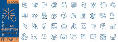 Editable line icons set for digital marketing, online promotion, SEO, analytics, social media, e-commerce, advertising and business growth. Ideal for web, app, dashboard and presentation.