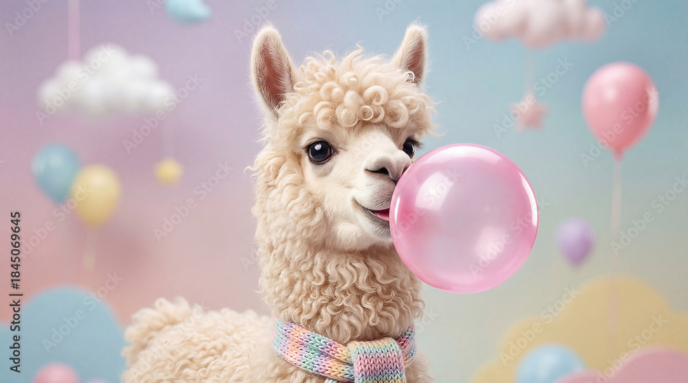 Obraz premium Fluffy Adorable Llama Blowing Bubblegum