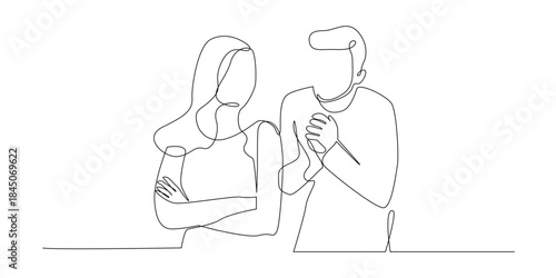 Continuous line drawing of a man apologizing to a woman with a hand gesture.One line drawing man expressing regret to a woman to symbolize apology, forgiveness and communication.