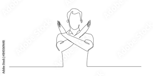 Continuous line drawing of a person crossing arms in refusal, expressing rejection. Single line illustration suitable for warning denial and negative response concepts.
