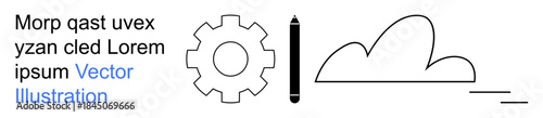 Creativity, innovation, technology, cloud computing, digital tools, workflow processes. Gear with pencil and cloud outline symbols. Creativity and technology concept