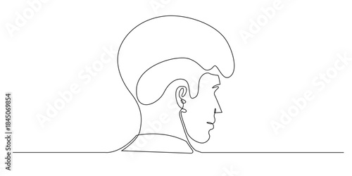 Continuous line drawing of a male haircut model showing clean styling and modern grooming. Single line illustration suitable for barbershop fashion and men hairstyle themes.