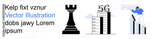 Business strategy, technology advancement, connectivity, telecommunications, market growth, innovation. Chess rook, 5G towers person analyzing data. Business strategy and technology advancement