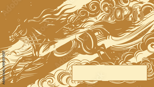 Dynamic Galloping Horse Through Swirling Clouds Sepia Illustration