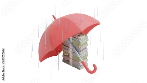 Protecting finances with pink umbrella on rainy day