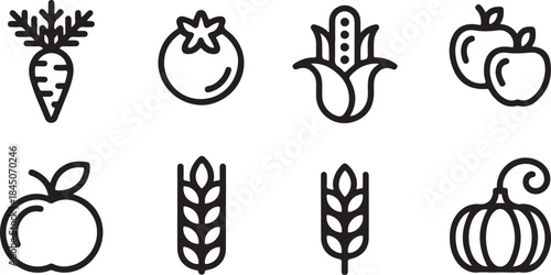 Grain and Vegetable Line Icons for Agriculture and Food Design.