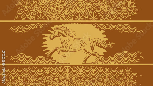 Unicorn Galloping Golden Stylized Illustration on Brown Traditional Asian Pattern Background