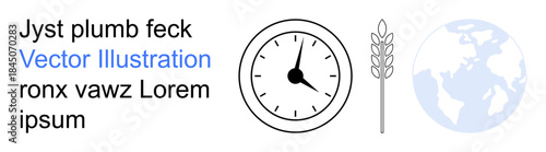 Agriculture, global sustainability, food production, climate change, time management, environmental awareness. Clock with wheat and globe. Agriculture and global sustainability concept