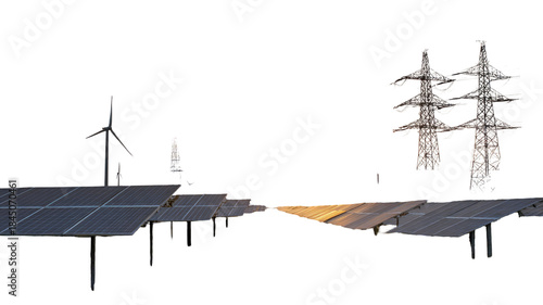 Solar panels with wind turbines and power lines at sunset isolated on white background
